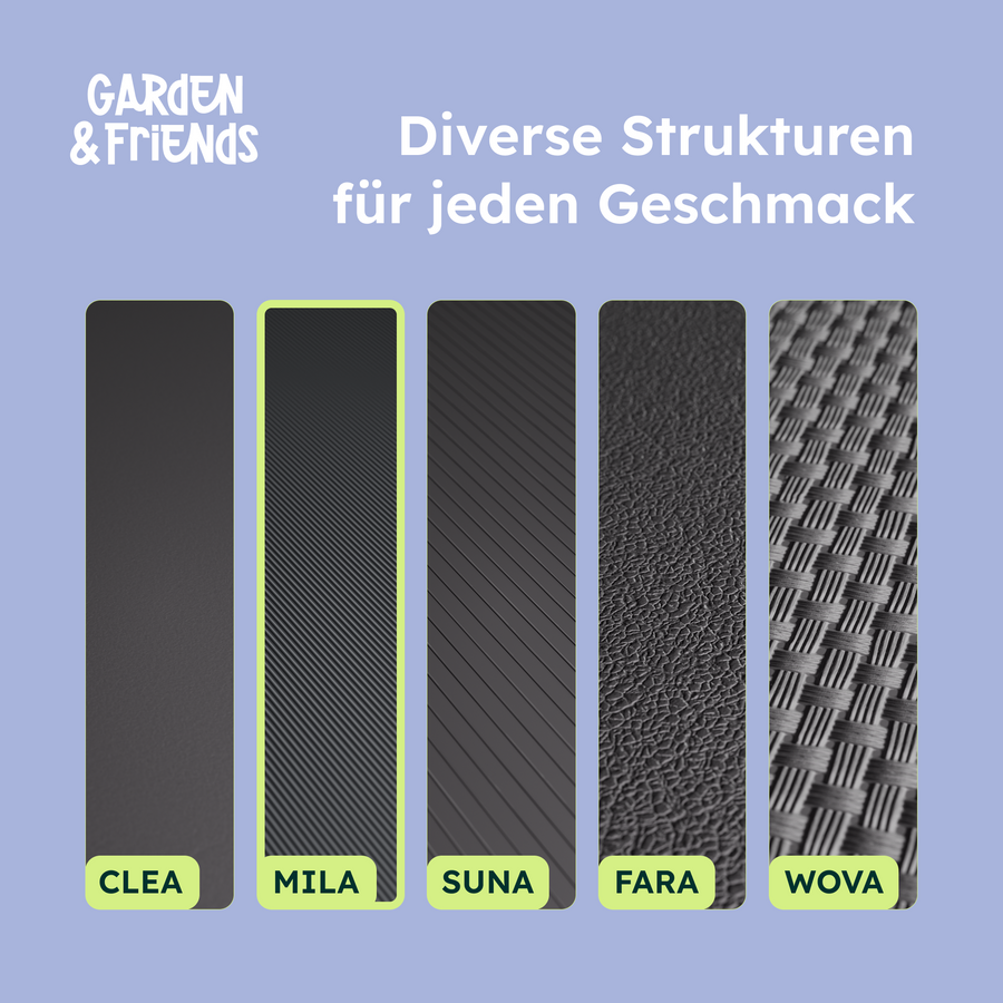 Doppelstabmattenzaun mit FARA Sichtschutzstreifen in Steinoptik neben Kiesbeet