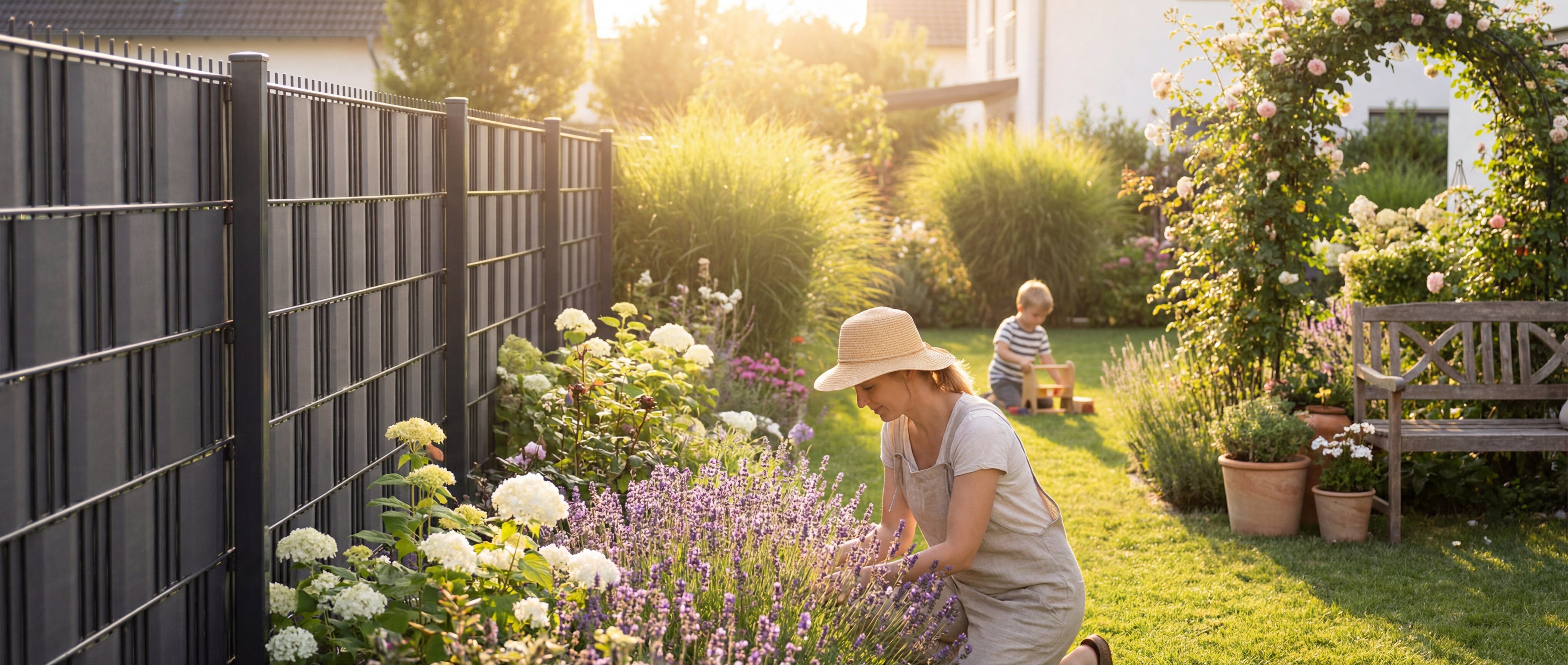 Garten mit Sichtschutzstreifen, Frau bei Pflanzen, Kind spielt