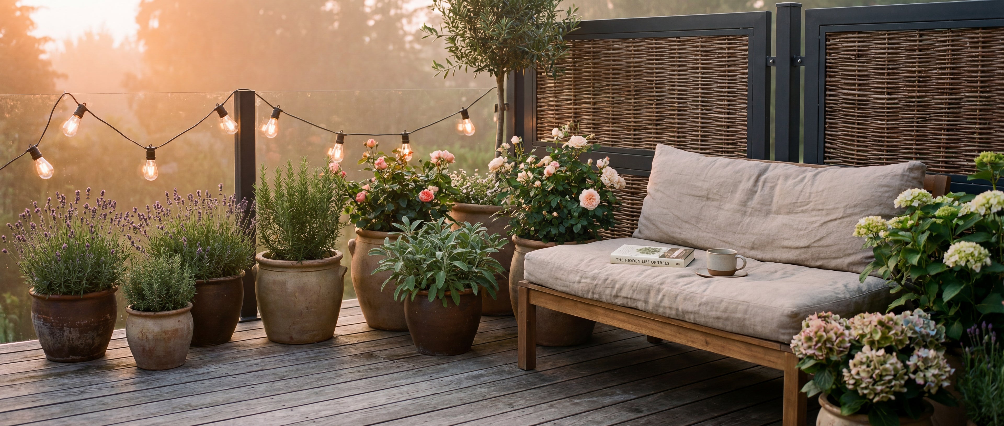 Gartenterrasse bei Sonnenuntergang
