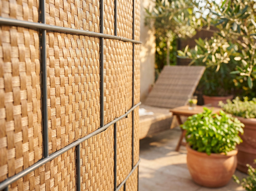 Sichtschutzstreifen WOVA in Rattan-Optik an Doppelstabmattenzaun auf sonniger Terrasse