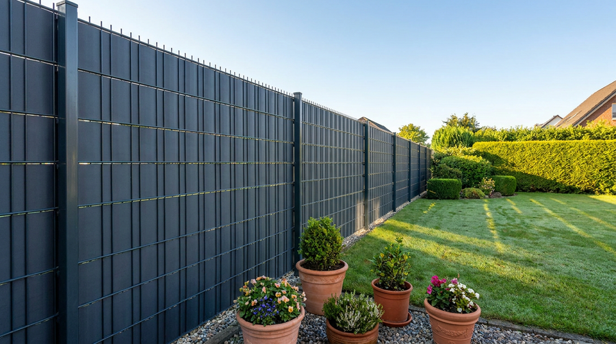 Sichtschutzstreifen aus PVC-freiem Polypropylen an einem Doppelstabmattenzaun im Garten
