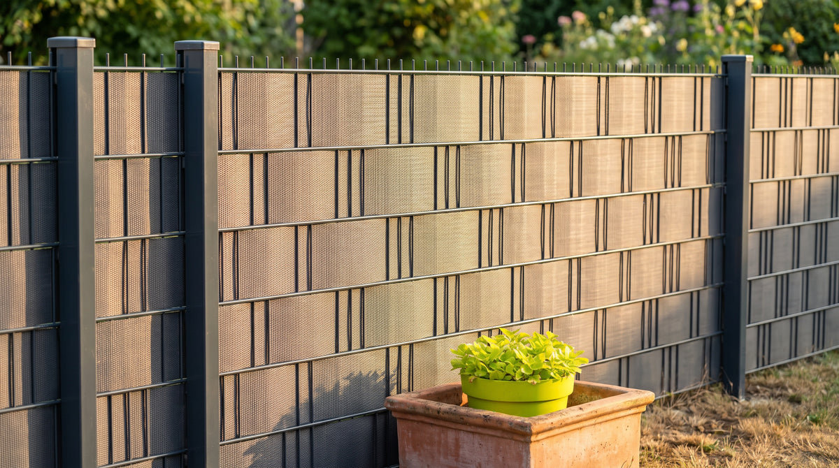 Fünf Sichtschutzstreifen-Optiken im Vergleich: Rattan, Steinoptik, Linienmuster, Carbon und schlicht am Doppelstabmattenzaun