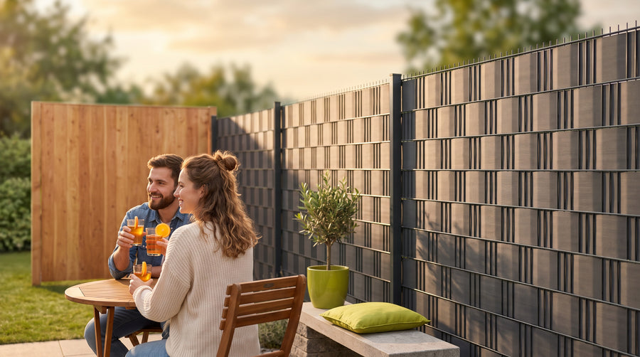 Sichtschutzwand aus Holz neben Doppelstabmattenzaun mit eingeflochtenen Sichtschutzstreifen im Garten