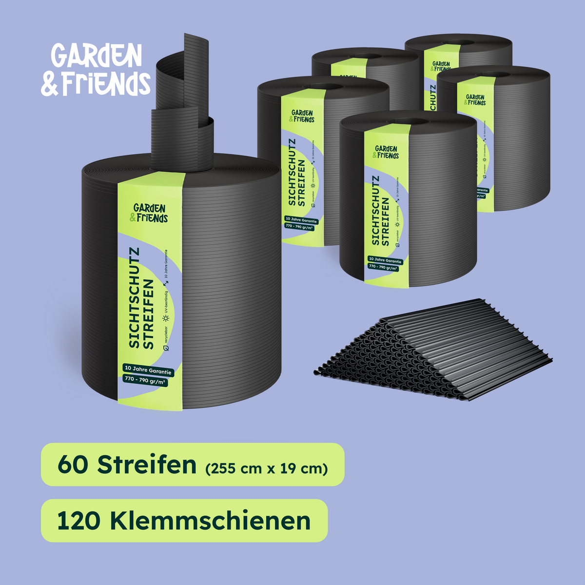 MILA Hart-Sichtschutzstreifen vorgeschnitten 60 × 2,55m 19cm Doppelstabmattenzaun PP