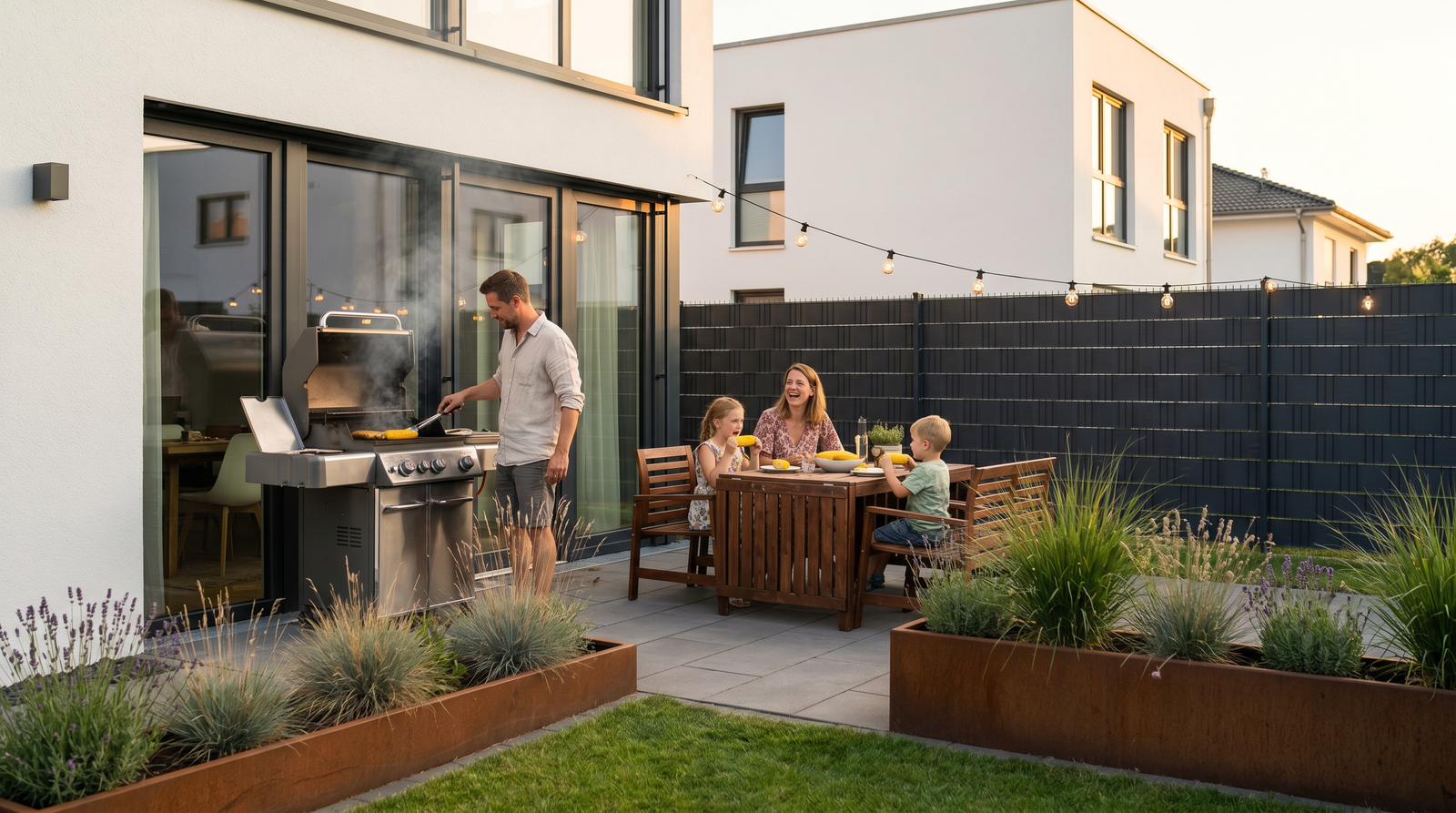 Fünf Sichtschutzstreifen-Optiken im Vergleich: Rattan, Steinoptik, Linienmuster, Carbon und schlicht am Doppelstabmattenzaun