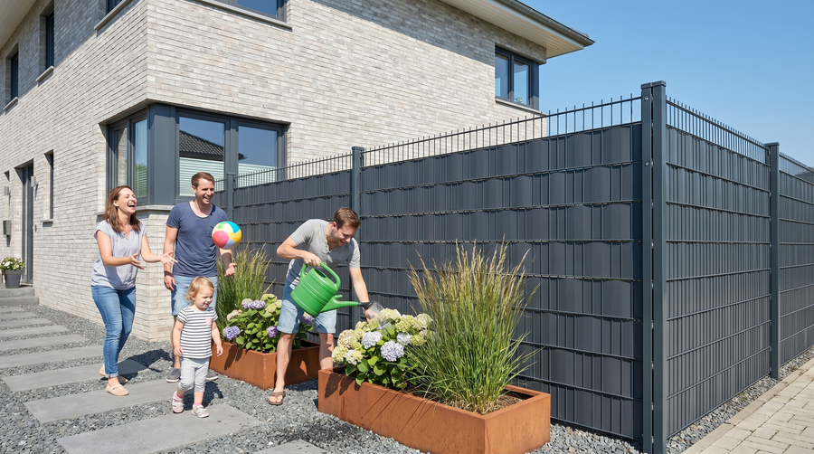 Fünf Sichtschutzstreifen-Optiken am Zaun: Rattan, Steinoptik, Carbon, Struktur und Basic in Anthrazit
